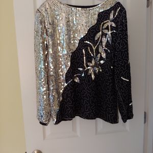 Vintage Jean for Joseph Le Bon Silver and Black Sequin Floral Blouse